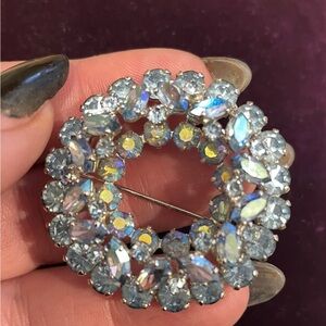 Signed Sherman Silver and Blue Crystal Brooch